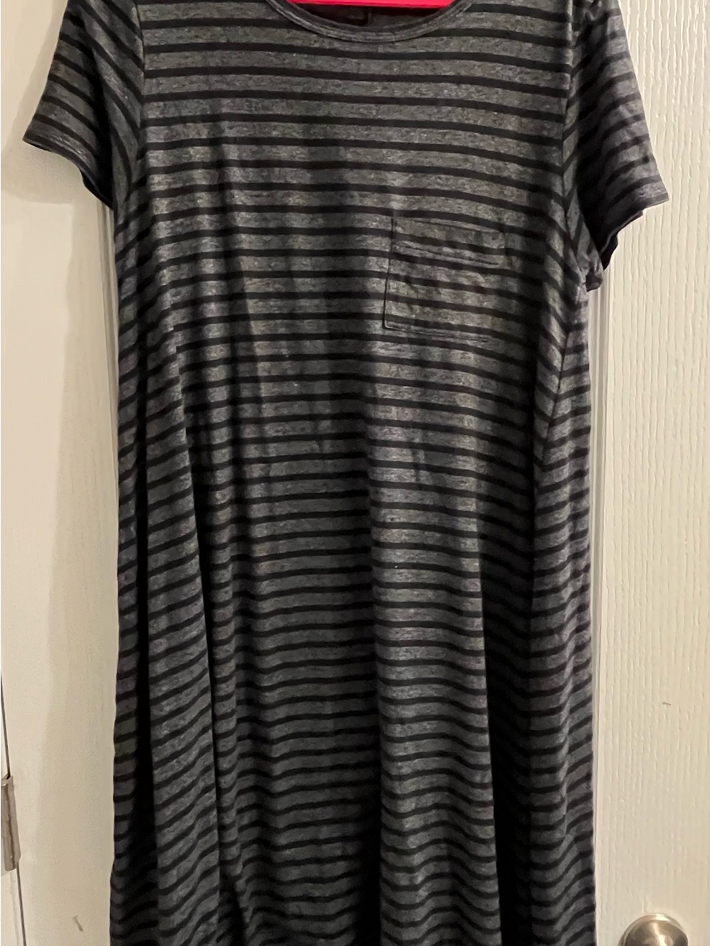 LuLaRoe Short-Sleeve Striped Tee Dress in Black and Gray